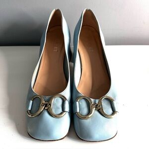 SCARLET Made in Italy, Low Block Heel, Leather, Baby Blue, Buckle Detail, Sz 8.5